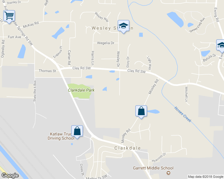 map of restaurants, bars, coffee shops, grocery stores, and more near 3401 Clay Road Southwest in Austell