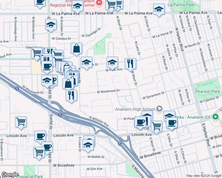 map of restaurants, bars, coffee shops, grocery stores, and more near 1403 West Westmont Drive in Anaheim