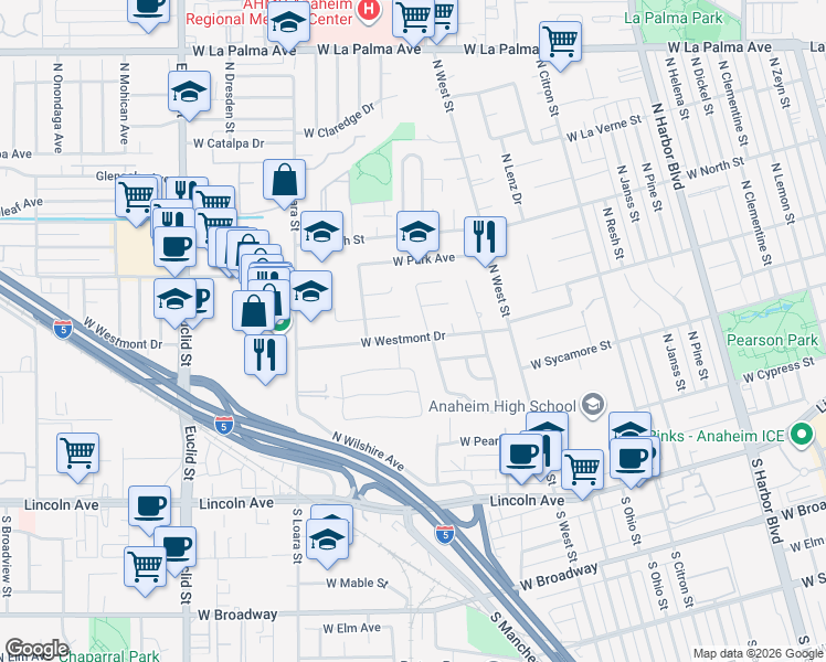 map of restaurants, bars, coffee shops, grocery stores, and more near 1403 West Westmont Drive in Anaheim
