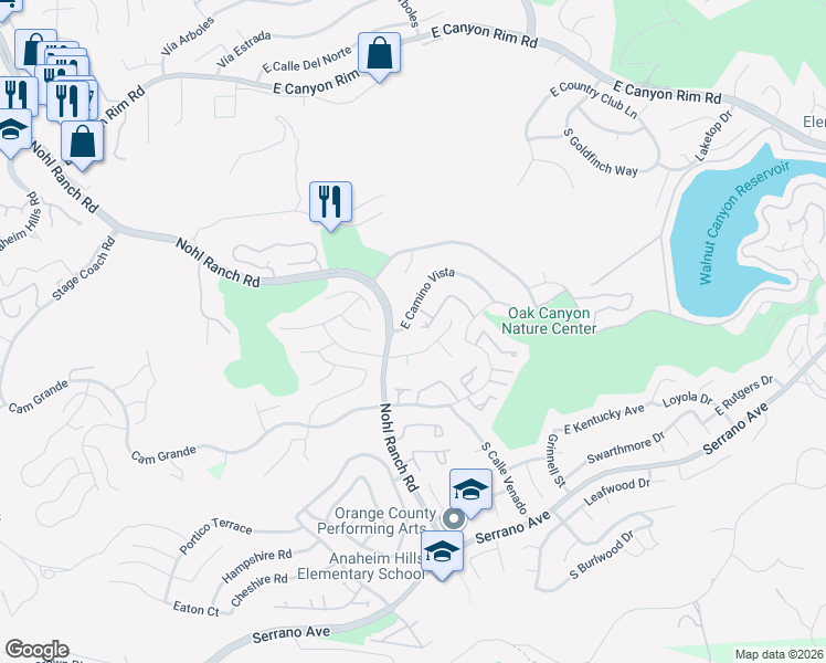 map of restaurants, bars, coffee shops, grocery stores, and more near 6512 East Camino Vista in Anaheim