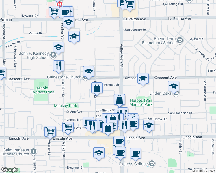 map of restaurants, bars, coffee shops, grocery stores, and more near 5884 Los Encinos Street in Buena Park