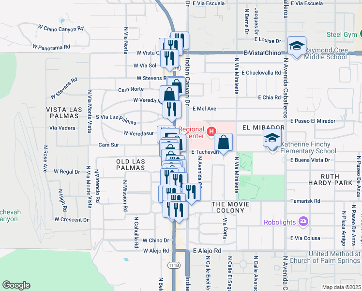 map of restaurants, bars, coffee shops, grocery stores, and more near in Palm Springs