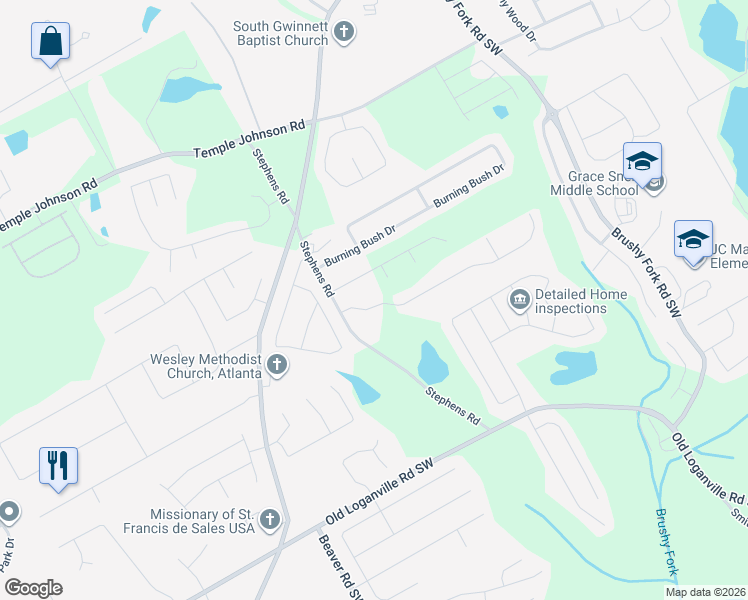 map of restaurants, bars, coffee shops, grocery stores, and more near 1320 Compton Woods Drive in Loganville