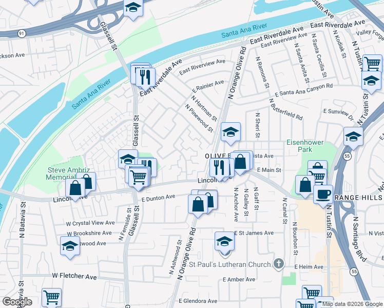 map of restaurants, bars, coffee shops, grocery stores, and more near 2915 North Cottonwood Street in Orange