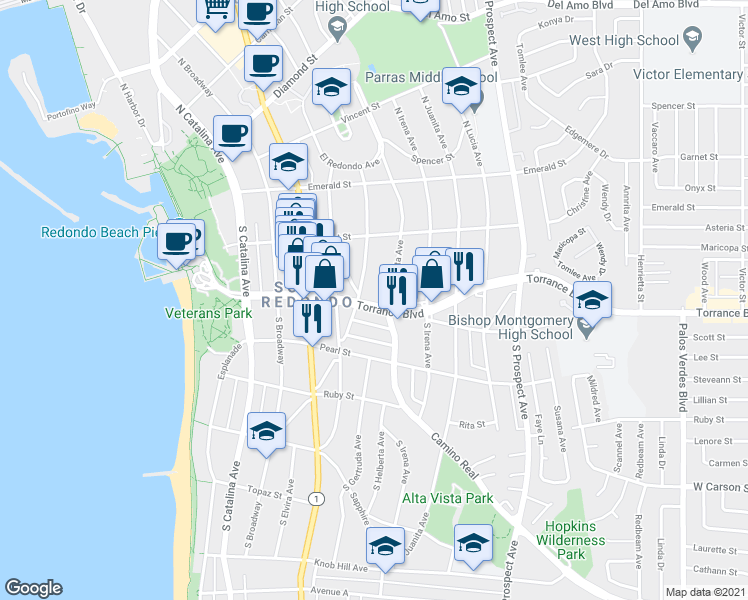 map of restaurants, bars, coffee shops, grocery stores, and more near 232 South Guadalupe Avenue in Redondo Beach