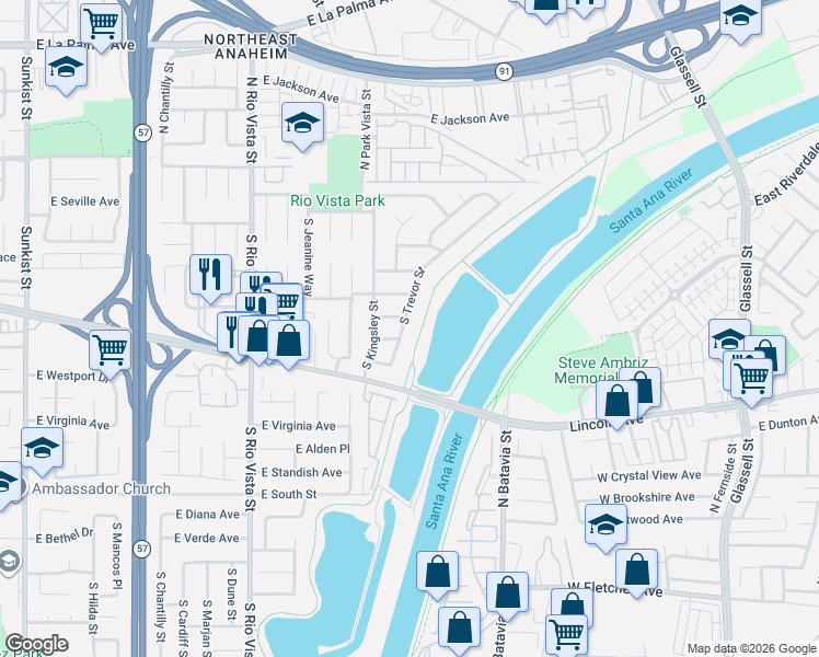 map of restaurants, bars, coffee shops, grocery stores, and more near 210 South Trevor Street in Anaheim
