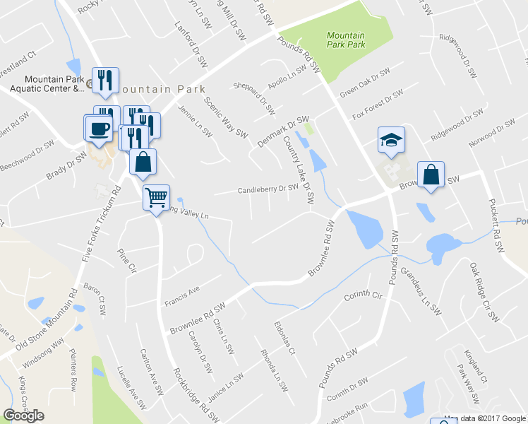 map of restaurants, bars, coffee shops, grocery stores, and more near 1489 Bellflower Court Southwest in Lilburn