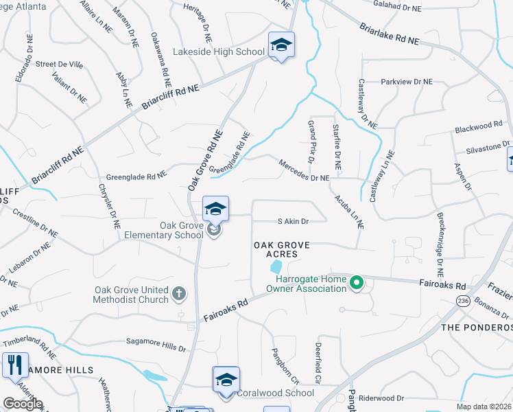 map of restaurants, bars, coffee shops, grocery stores, and more near 1902 North Akin Drive Northeast in Atlanta