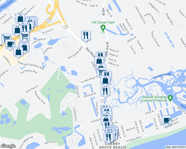map of restaurants, bars, coffee shops, grocery stores, and more near 1004 Mount Vernon Drive in North Myrtle Beach