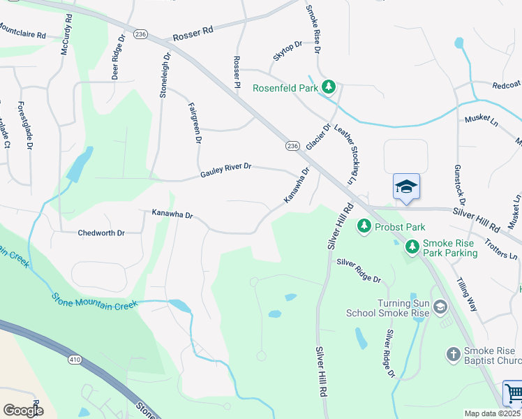 map of restaurants, bars, coffee shops, grocery stores, and more near 5374 Kanawha Court in Stone Mountain