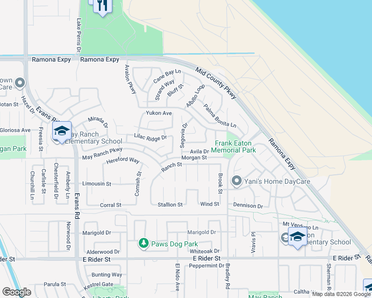 map of restaurants, bars, coffee shops, grocery stores, and more near 1410 Avila Drive in Perris
