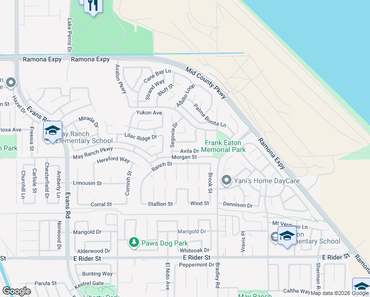 map of restaurants, bars, coffee shops, grocery stores, and more near 1440 Avila Drive in Perris