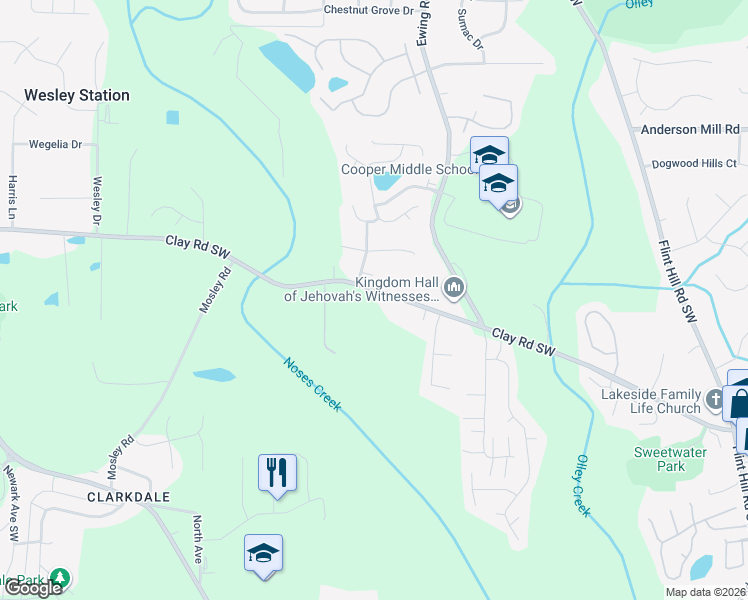 map of restaurants, bars, coffee shops, grocery stores, and more near 2931 Clay Road Southwest in Austell