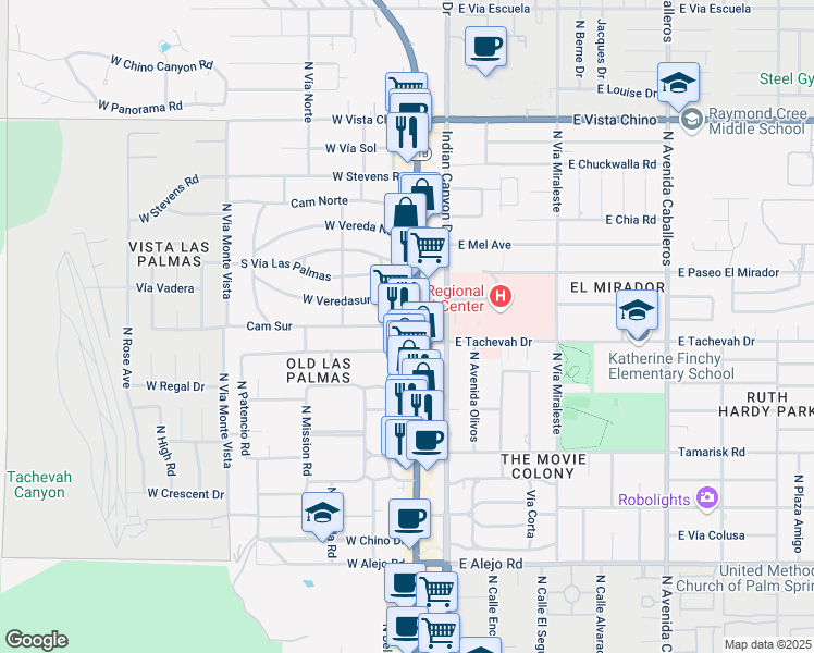 map of restaurants, bars, coffee shops, grocery stores, and more near 1133 North Palm Canyon Drive in Palm Springs
