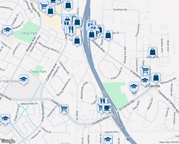 map of restaurants, bars, coffee shops, grocery stores, and more near 19402 Dry Gulch Road in Corona