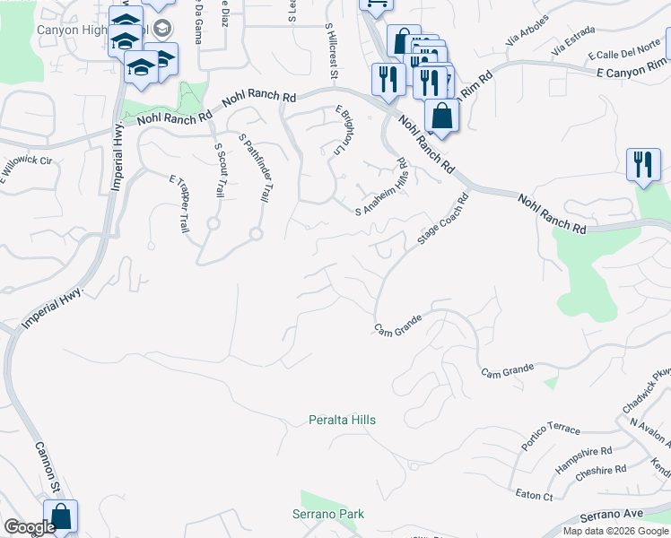 map of restaurants, bars, coffee shops, grocery stores, and more near 763 South Langtree Lane in Anaheim