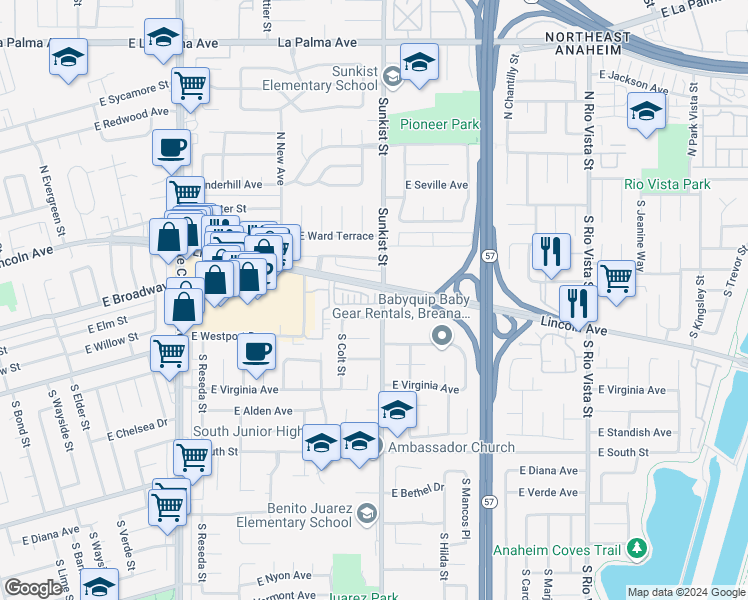 map of restaurants, bars, coffee shops, grocery stores, and more near 297 South Sunkist Street in Anaheim