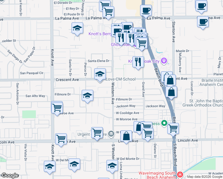 map of restaurants, bars, coffee shops, grocery stores, and more near 8520 Western Avenue in Buena Park