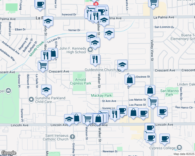 map of restaurants, bars, coffee shops, grocery stores, and more near 5451 Riva Court in Cypress