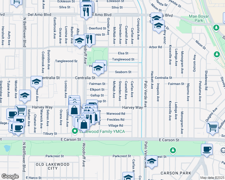 map of restaurants, bars, coffee shops, grocery stores, and more near 4436 Gondar Avenue in Lakewood
