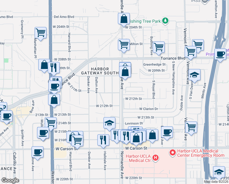map of restaurants, bars, coffee shops, grocery stores, and more near 20946 Brighton Avenue in Torrance
