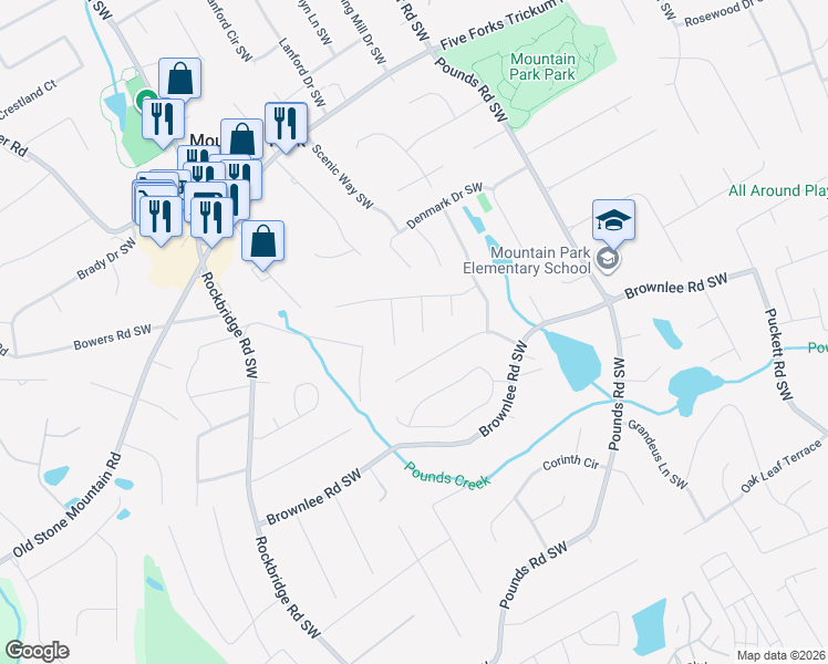 map of restaurants, bars, coffee shops, grocery stores, and more near 1489 Bellflower Court Southwest in Lilburn