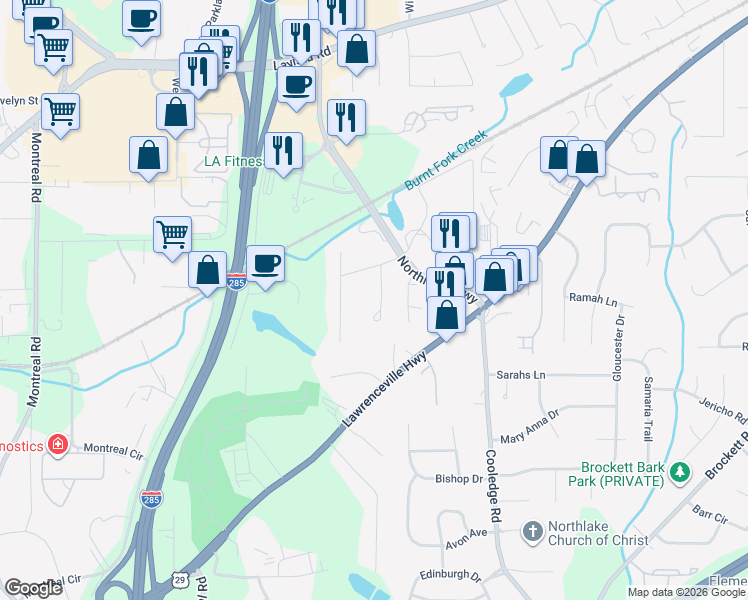 map of restaurants, bars, coffee shops, grocery stores, and more near 1882 Robinhill Court in Tucker