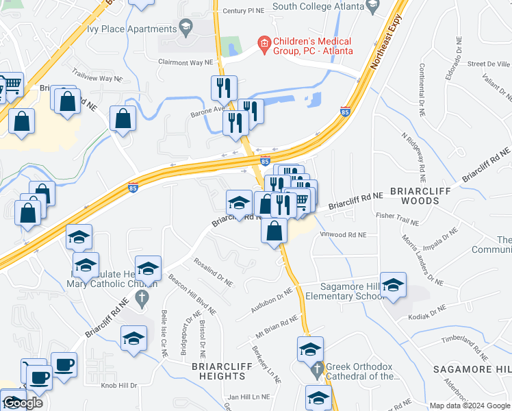 map of restaurants, bars, coffee shops, grocery stores, and more near 3044 Briarcliff Road Northeast in Atlanta