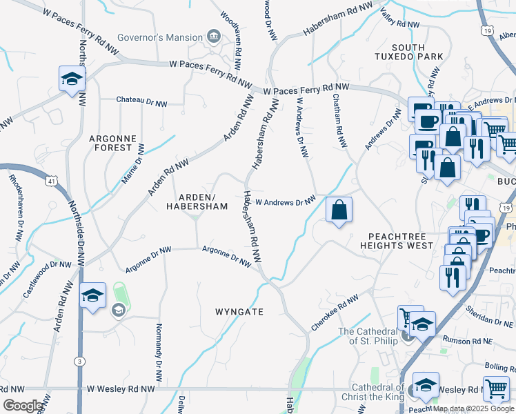 map of restaurants, bars, coffee shops, grocery stores, and more near 3051 Habersham Road Northwest in Atlanta