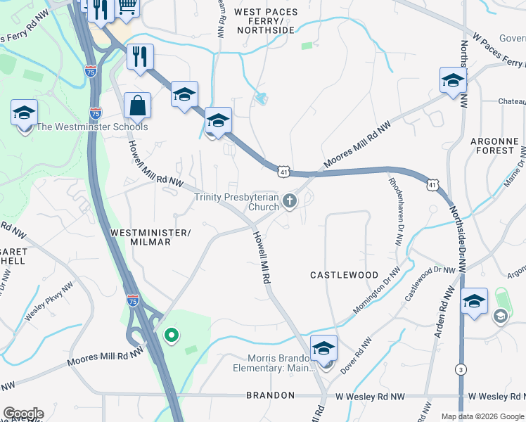 map of restaurants, bars, coffee shops, grocery stores, and more near 975 Moores Mill Road Northwest in Atlanta