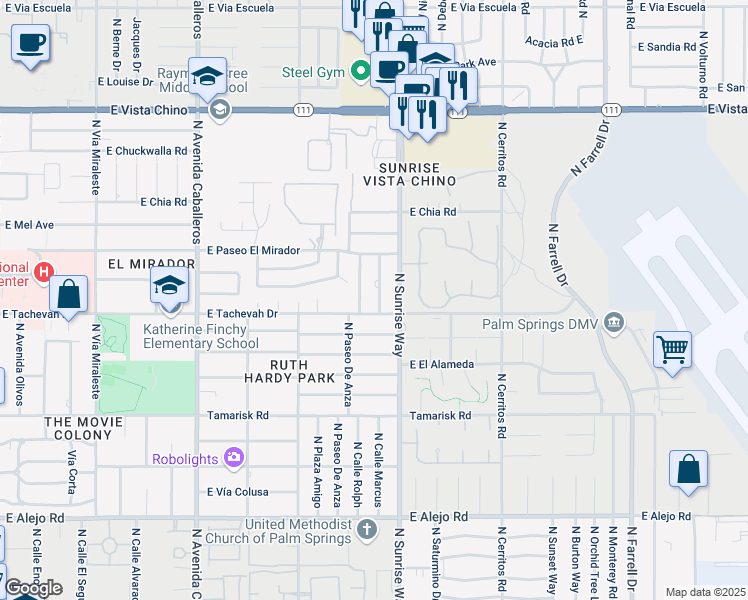 map of restaurants, bars, coffee shops, grocery stores, and more near 1127 North Cll Marcus in Palm Springs