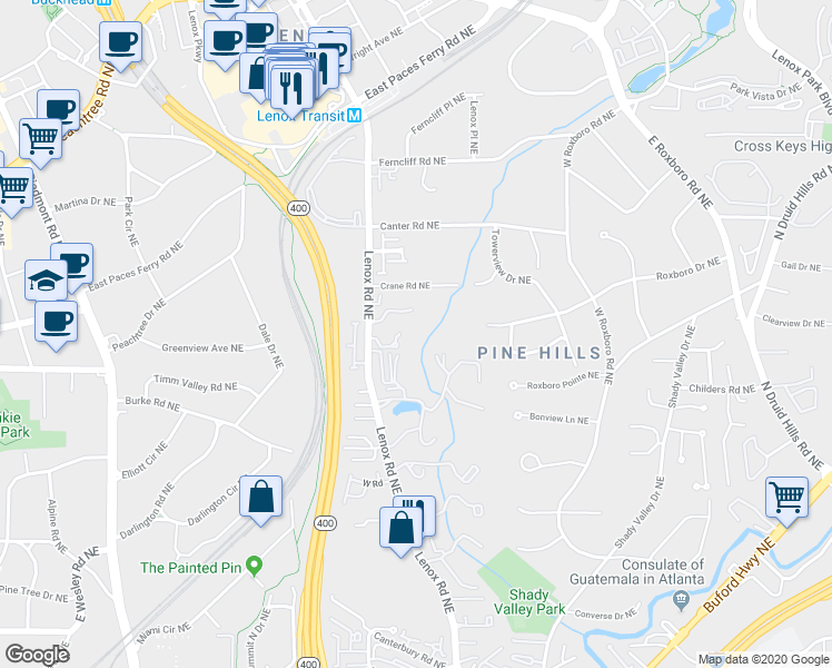 map of restaurants, bars, coffee shops, grocery stores, and more near 2301 Lenox Road Northeast in Atlanta