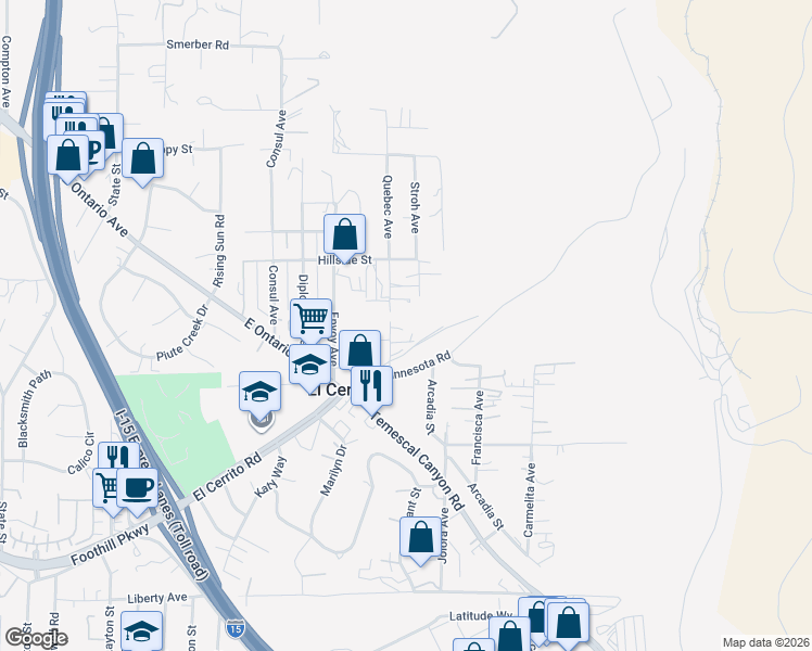 map of restaurants, bars, coffee shops, grocery stores, and more near 19380 Quebec Avenue in Corona