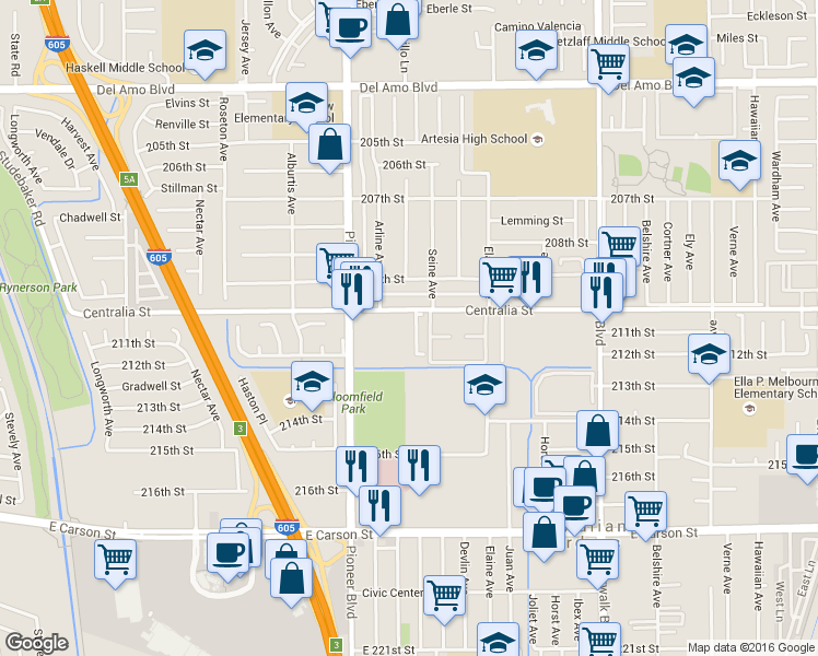 map of restaurants, bars, coffee shops, grocery stores, and more near 21017 Violeta Avenue in Lakewood