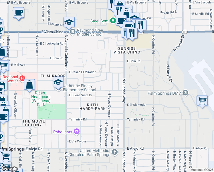 map of restaurants, bars, coffee shops, grocery stores, and more near 1360 East Tachevah Drive in Palm Springs