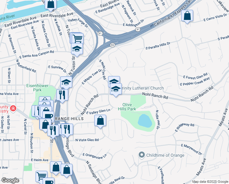 map of restaurants, bars, coffee shops, grocery stores, and more near 4101 Nohl Ranch Road in Anaheim