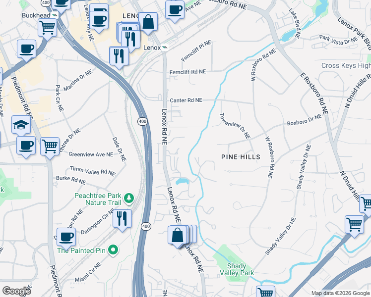 map of restaurants, bars, coffee shops, grocery stores, and more near 3047 Lenox Road Northeast in Atlanta