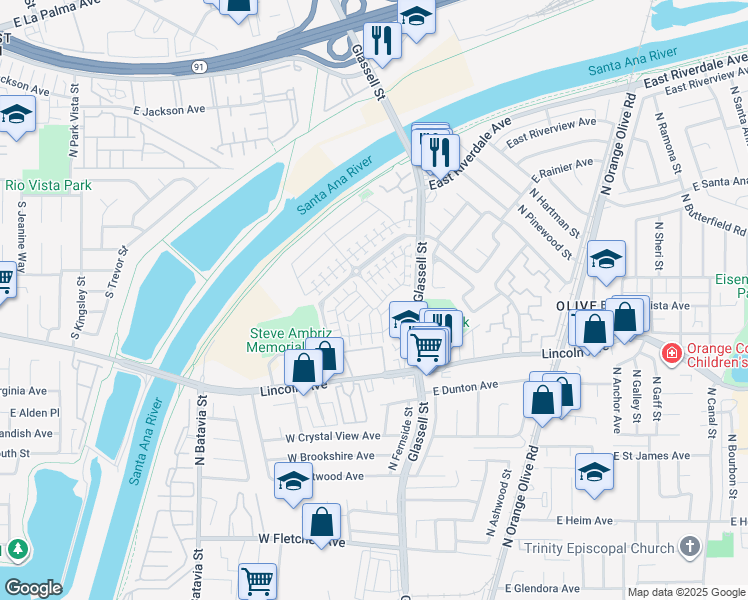map of restaurants, bars, coffee shops, grocery stores, and more near 372 West Linden Drive in Orange