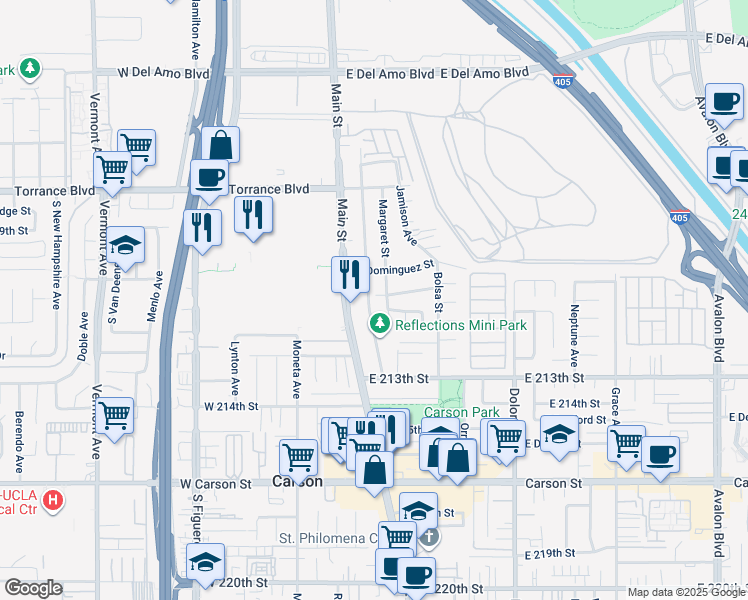 map of restaurants, bars, coffee shops, grocery stores, and more near 21036 Shearer Avenue in Carson
