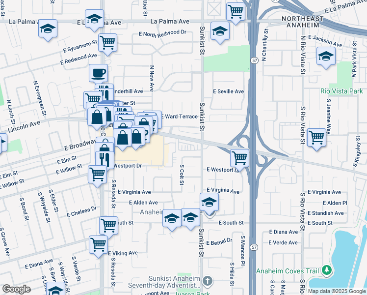 map of restaurants, bars, coffee shops, grocery stores, and more near 2420 East Agave Street in Anaheim