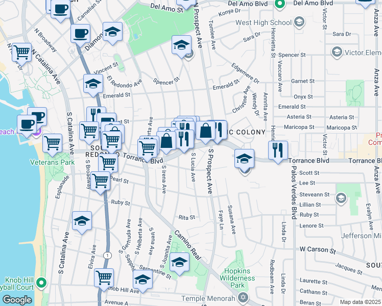 map of restaurants, bars, coffee shops, grocery stores, and more near 301 South Lucia Avenue in Redondo Beach