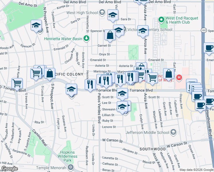 map of restaurants, bars, coffee shops, grocery stores, and more near 5111 Torrance Boulevard in Torrance