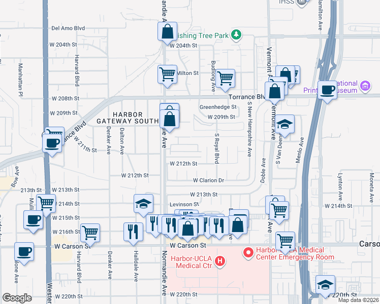 map of restaurants, bars, coffee shops, grocery stores, and more near 1209 Jasmine Walk in Torrance