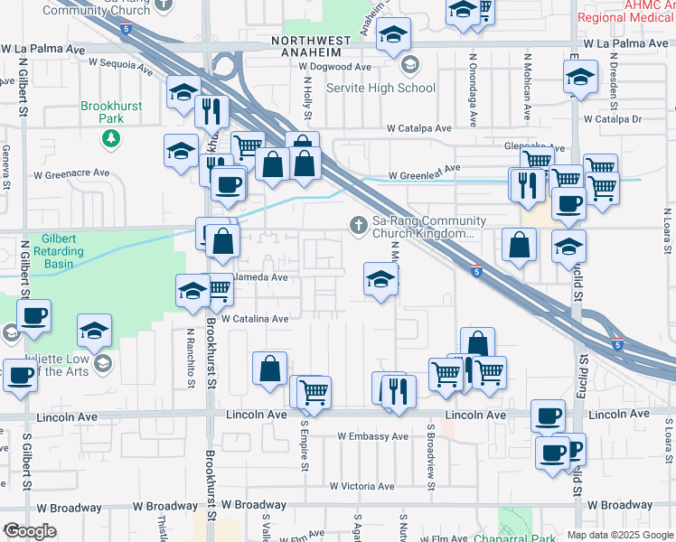 map of restaurants, bars, coffee shops, grocery stores, and more near 2016 West Hastings Way in Anaheim
