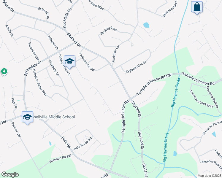 map of restaurants, bars, coffee shops, grocery stores, and more near 2140 Skyland Cove Lane Southwest in Snellville