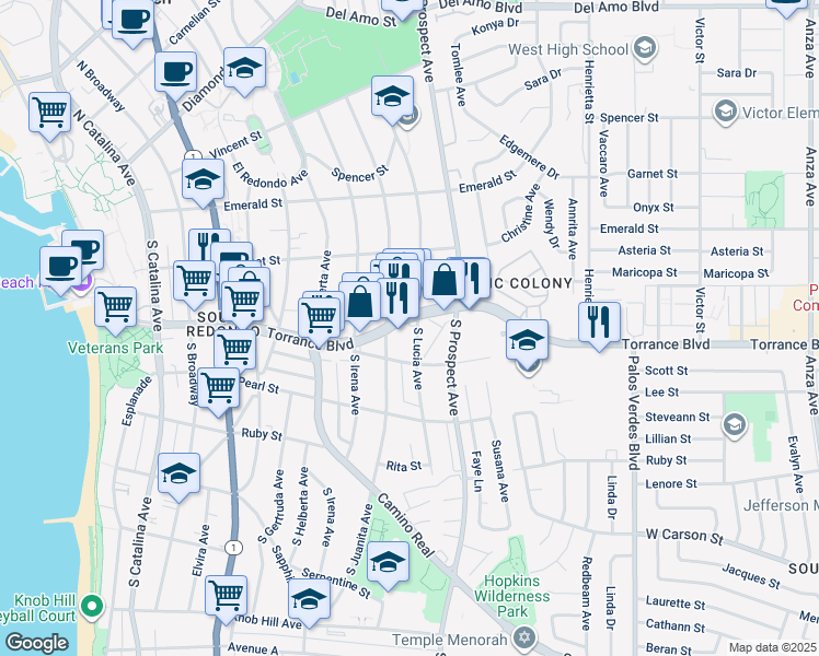 map of restaurants, bars, coffee shops, grocery stores, and more near 851 Torrance Boulevard in Redondo Beach