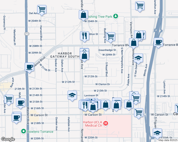 map of restaurants, bars, coffee shops, grocery stores, and more near 1240 Jasmine Walk in Torrance