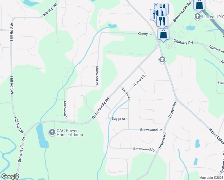 map of restaurants, bars, coffee shops, grocery stores, and more near 4772 Brownsville Road in Powder Springs