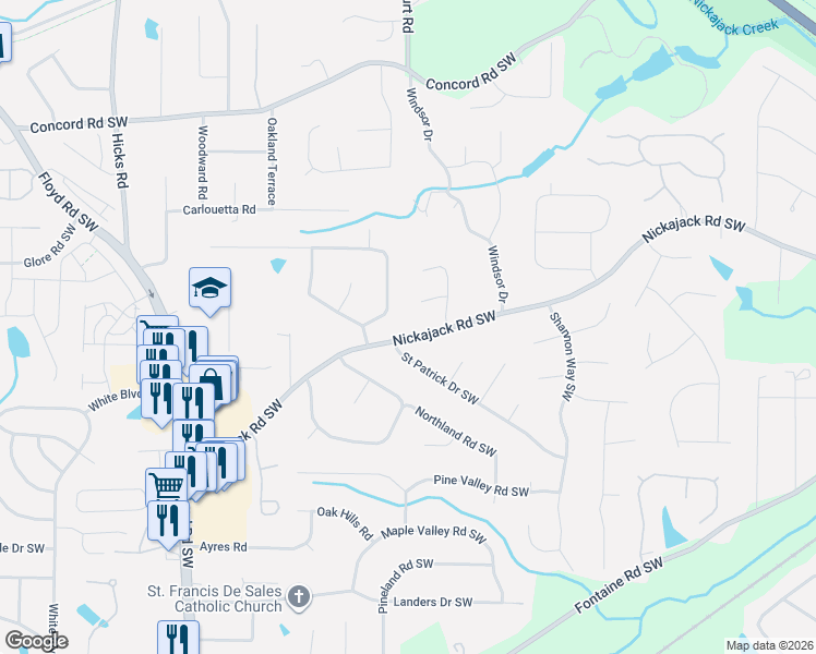 map of restaurants, bars, coffee shops, grocery stores, and more near 431 Chrispen Trce Southwest in Mableton