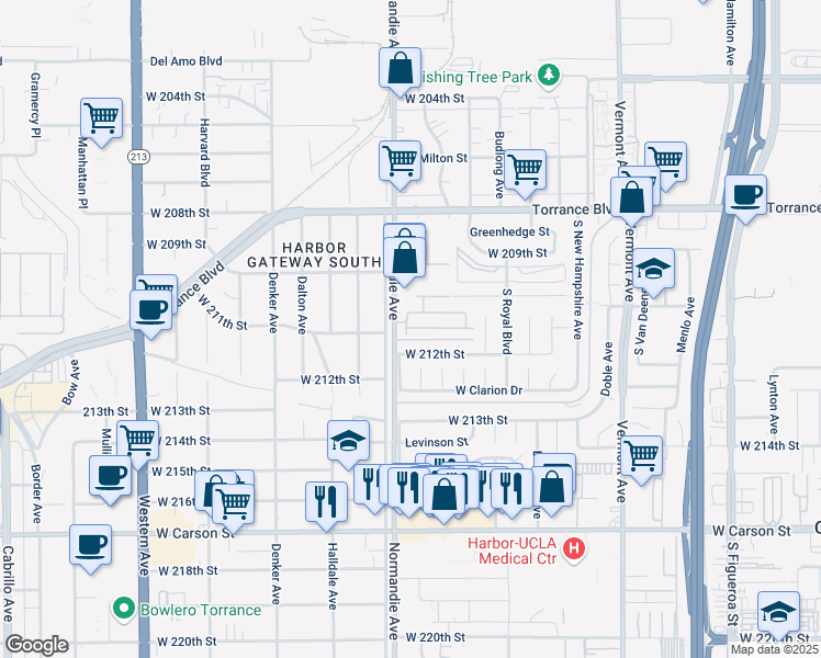 map of restaurants, bars, coffee shops, grocery stores, and more near 1248 Jasmine Walk in Torrance